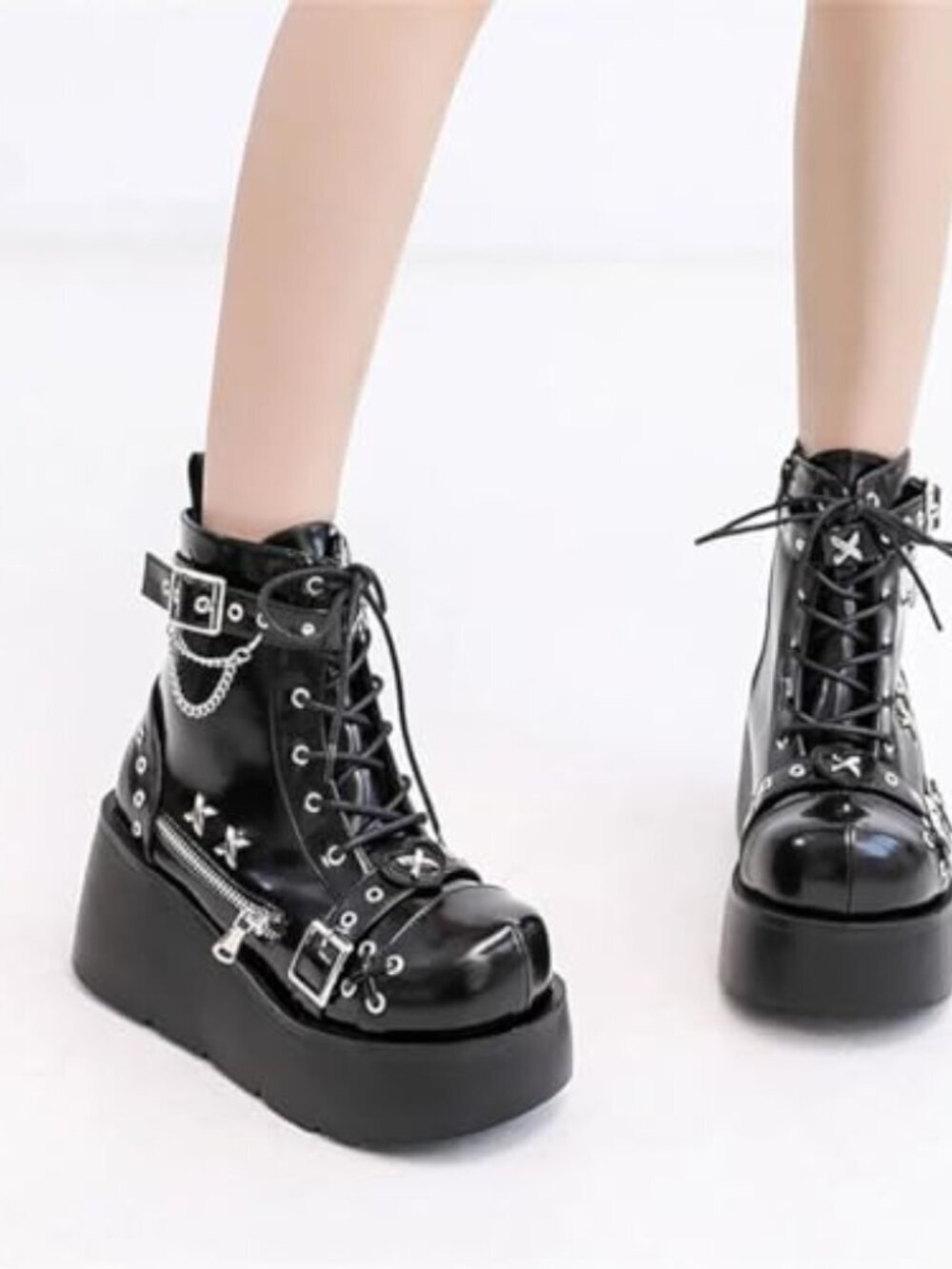 🆕 Women's Goth Platform Ankle Boots with Bat Wing Buckles Chunky Block Heels - Picture 3 of 7